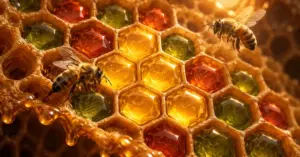 Kaksi mehiläistä ja värikkäistä jalokivistä muodostuva ryhmä hunajakennossa havainnollistavat Honey Rush -kolikkopelin teemaa ja klusterivoittoja.