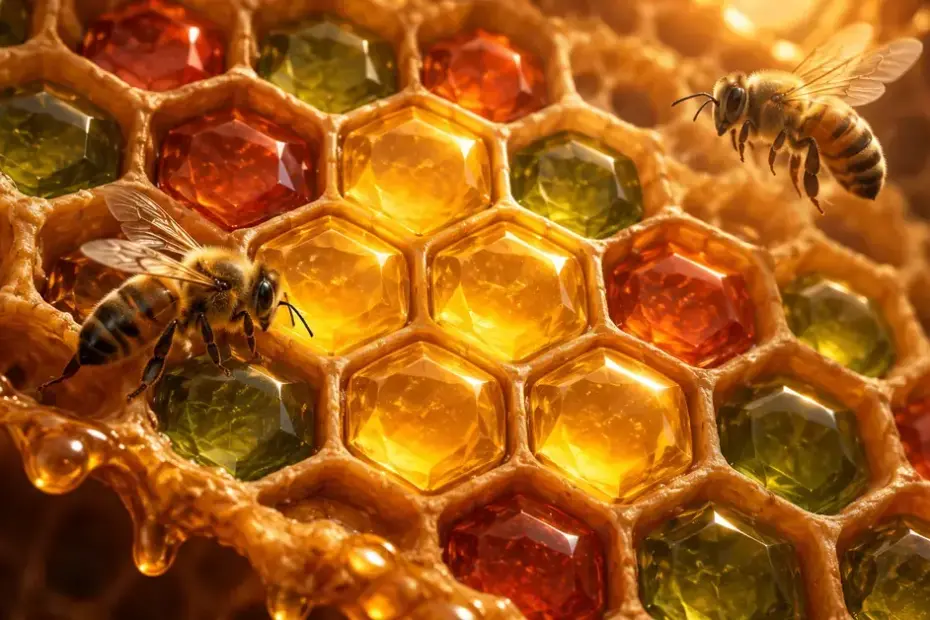 Kaksi mehiläistä ja värikkäistä jalokivistä muodostuva ryhmä hunajakennossa havainnollistavat Honey Rush -kolikkopelin teemaa ja klusterivoittoja.