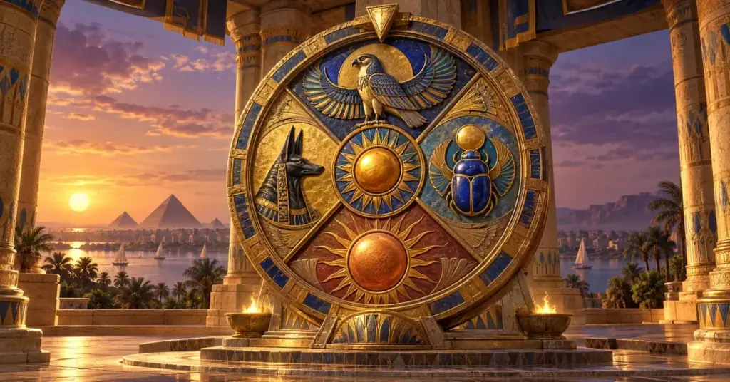 Kultainen jumalten pyörä seisoo egyptiläisessä temppelissä, jonka takana Niili ja pyramidit kylpevät auringonlaskun valossa.