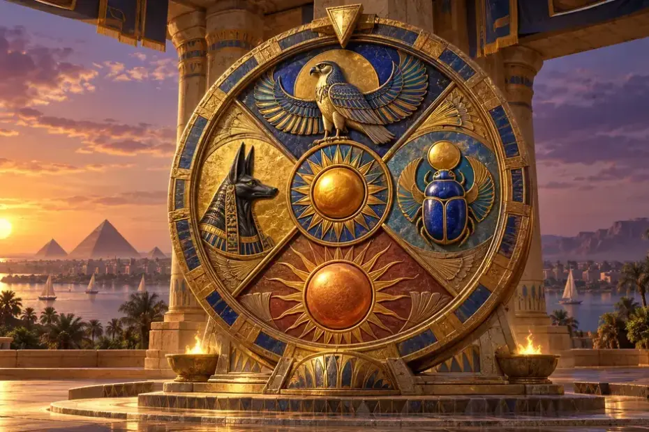 Kultainen jumalten pyörä seisoo egyptiläisessä temppelissä, jonka takana Niili ja pyramidit kylpevät auringonlaskun valossa.